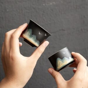hand painted japanese mountain landscape japanese tea bowl matte black