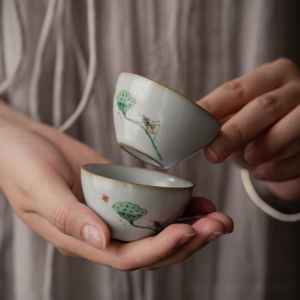 handcrafted hand-painted japanese lotus tea cup with nature motif crackle glaze