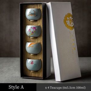 Hand painted Japanese tea bowl set of 4 style A with crackle glaze