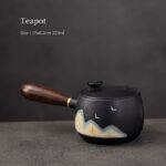 hand-painted landscape black kyusu teapot with wooden side handle