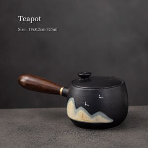 hand-painted landscape black kyusu teapot with wooden side handle