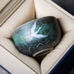 hand painted flying crane lotus motif japanese tea bowl front view