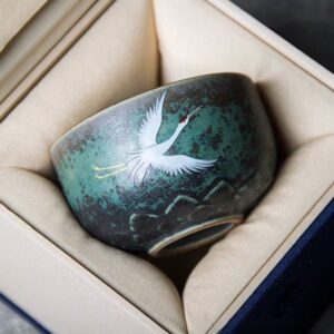 hand painted flying crane lotus motif japanese tea bowl front view