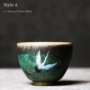 hand painted vintage japanese crane ceramic tea cup side view