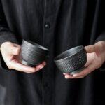 antique style black textured japanese tea bowl multiple sizes