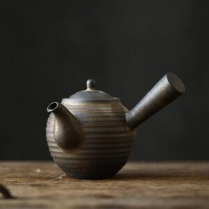handcrafted dark brown textured kyusu teapot japanese side handle full view
