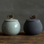 handcrafted japanese ceramic green crackle glaze tea canister full view