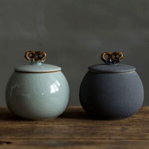 handcrafted japanese ceramic green crackle glaze tea canister full view