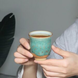 handcrafted japanese green porcelain tea cup 4oz with golden speckles
