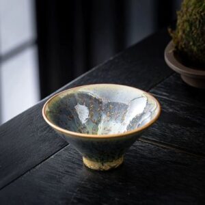 handcrafted japanese tea bowl kiln change blue green glaze