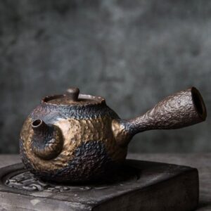 full view of handcrafted rustic ceramic kyusu teapot 7.4oz