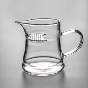 10oz handled Japanese glass fairness cup with built-in strainer side view
