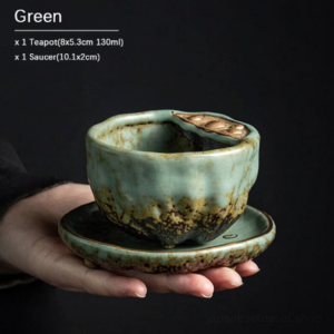 handmade green japanese ceramic teapot and saucer lotus shape