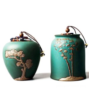 handmade japanese ceramic tea canister with embossed bamboo motif