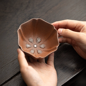 handmade petal-shaped brown clay japanese tea cup 4oz
