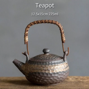 handcrafted japanese antique ceramic teapot with hammered texture and woven handle 7.6oz