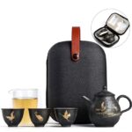 6.7oz Japanese portable travel tea set black ceramic with golden crane pattern full set with carrying bag