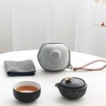 full set of 5oz japanese black ceramic travel tea set with carry bag and tea towel