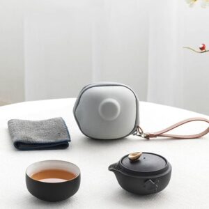 full set of 5oz japanese black ceramic travel tea set with carry bag and tea towel