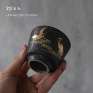 japanese black clay crane tea cup style A front view