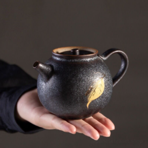 japanese black gold ceramic teapot with gold leaf pattern main view