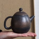 full view of japanese bronze glazed ceramic teapot 5.4oz