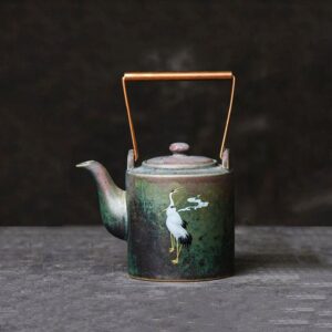 japanese ceramic crane handled teapot with cloud motif full product view