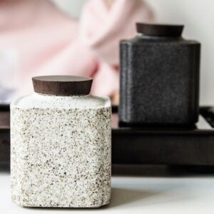 japanese tea bowl style mini ceramic tea caddy with wooden lid full view