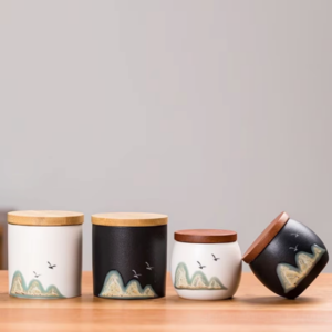 japanese tea bowl storage ceramic tea canister with bamboo lid hand painted landscape