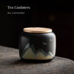 hand painted japanese ceramic tea canister with metal wave lid mountain bird pattern