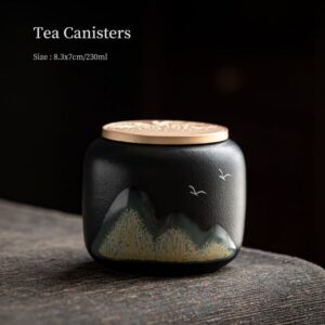 hand painted japanese ceramic tea canister with metal wave lid mountain bird pattern