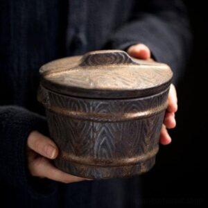 japanese style rustic ceramic loose tea canister barrel design front view