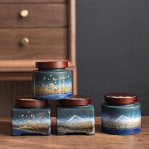 handmade japanese ceramic tea tin with wooden lid