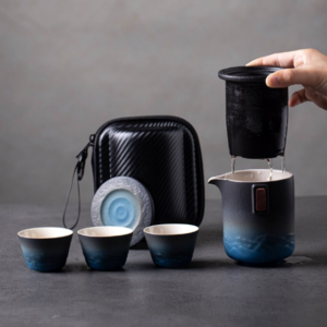 10oz japanese ceramic portable travel tea set with gradient blue design in use