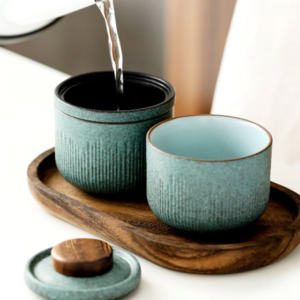 Portable Japanese ceramic travel tea set 4oz with travel case open