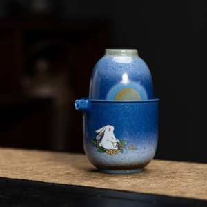 portable japanese ceramic travel tea set 6oz with rabbit moon pattern full set in bag