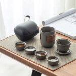 portable japanese ceramic travel tea set full set open in black hard case
