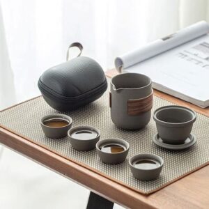 portable japanese ceramic travel tea set full set open in black hard case