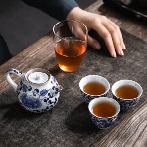 full japanese style ceramic travel tea set with carrying bag opened