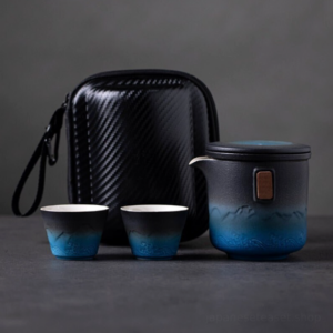 full set of black blue gradient japanese ceramic travel tea set with carrying bag