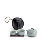 Complete celadon green Japanese ceramic travel tea set in black carrying case