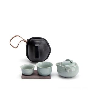 Complete celadon green Japanese ceramic travel tea set in black carrying case