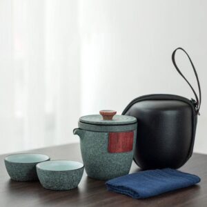 japanese ceramic portable travel tea set with carry bag full view