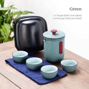 green japanese ceramic travel tea set with carrying case open showing teapot and four teacups