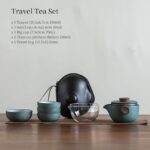green japanese ceramic travel tea set complete with all pieces displayed