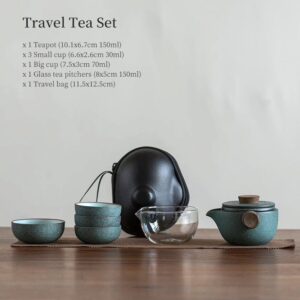 green japanese ceramic travel tea set complete with all pieces displayed