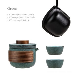 green color japanese ceramic travel tea set open with teapot teacups and case