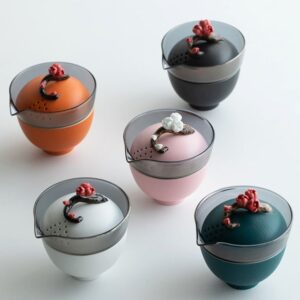 4oz japanese ceramic travel tea set open plum knob detail