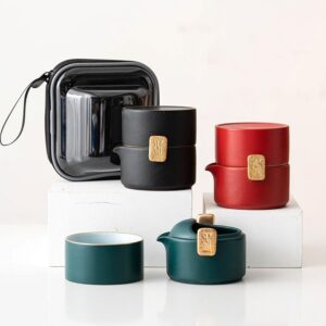 compact japanese ceramic travel tea set with carrying bag open