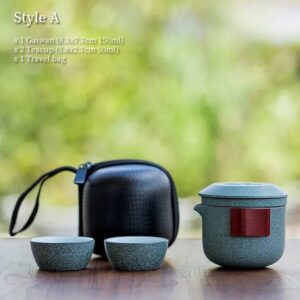 5oz Japanese ceramic travel tea set style a blue-grey with black carrying case